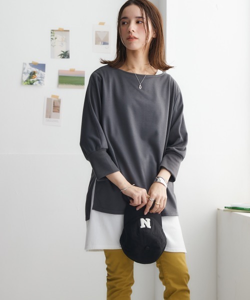 nissen(ニッセン)の「裏毛ボートネックドルマントップス(Tシャツ/カットソー・レディース・チャコールグレー/ライトカーキ/サンドベージュ/ネイビー・L/LL/M/S)」の6枚目の写真