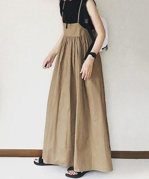 gossip！ロサンゼルス（ゴシップロサンゼルス）の「綿100% 調整可能ストラップ ギャザーロングキャミワンピース&日常シンブル重ね着カジュアル（ワンピース・レディース・ダークグレー/アイボリー/カーキ/ベージュ/ネイビー/ブラック・FREE）」の13枚目の写真