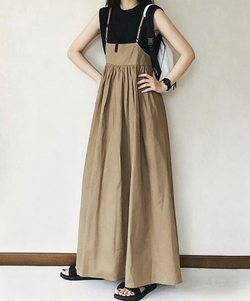 gossip！ロサンゼルス（ゴシップロサンゼルス）の「綿100% 調整可能ストラップ ギャザーロングキャミワンピース&日常シンブル重ね着カジュアル（ワンピース・レディース・ダークグレー/アイボリー/カーキ/ベージュ/ネイビー/ブラック・FREE）」の21枚目の写真