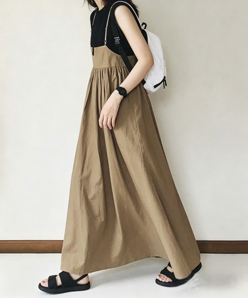 gossip！ロサンゼルス（ゴシップロサンゼルス）の「綿100% 調整可能ストラップ ギャザーロングキャミワンピース&日常シンブル重ね着カジュアル（ワンピース・レディース・ダークグレー/アイボリー/カーキ/ベージュ/ネイビー/ブラック・FREE）」の22枚目の写真