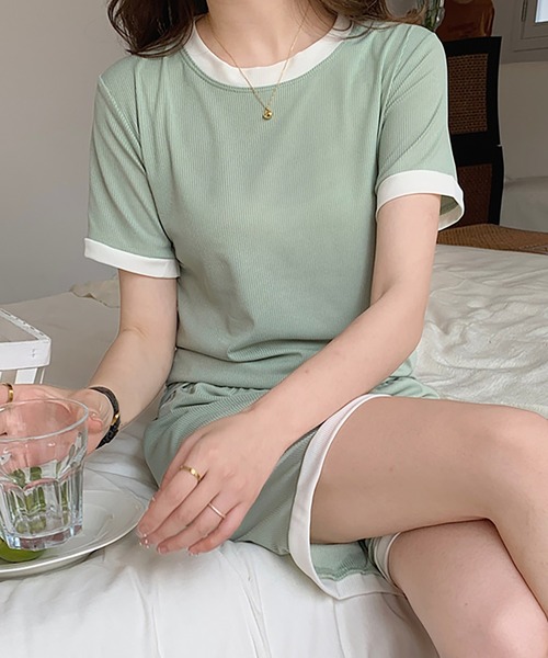 Girly Doll(ガーリードール)の「セットアップ ルームウェア Tシャツ&ショートパンツ 2点セット(ルームウェア/パジャマ・レディース・ブルー/グリーン/ピンク/パープル・FREE)」の2枚目の写真