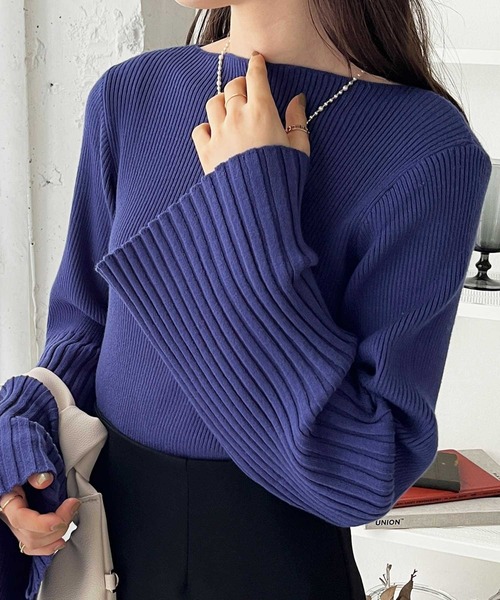 セール】もちもちリブボートネックフレアースリーブカラーニット