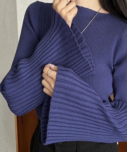 セール】もちもちリブボートネックフレアースリーブカラーニット