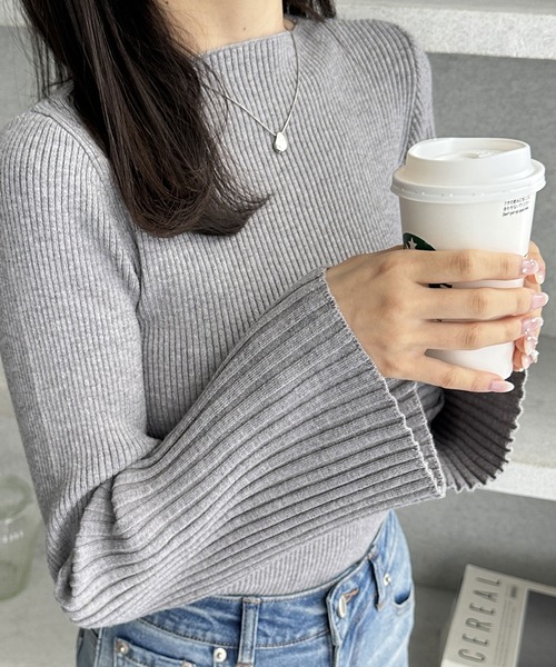 セール】もちもちリブボートネックフレアースリーブカラーニット