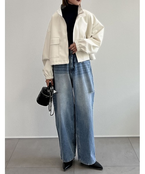 Re:EDIT（リエディ）の「[低身長サイズ有]ボリュームスリーブショート丈フェイクレザージャケット（ライダースジャケット・レディース・アイボリー/ブラック・MEDIUM/SHORT/LARGE）」の17枚目の写真