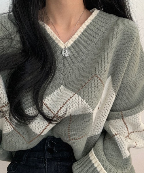 FREE STYLISTS(フリー スタイリスト)の「YUGA_YGMC アーガイル ニットセーター(ニット/セーター・レディース・ホワイト/ブルー/ネイビー/グリーン・FREE)」の8枚目の写真