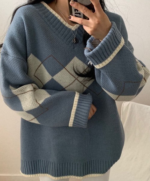 FREE STYLISTS(フリー スタイリスト)の「YUGA_YGMC アーガイル ニットセーター(ニット/セーター・レディース・ホワイト/ブルー/ネイビー/グリーン・FREE)」の15枚目の写真