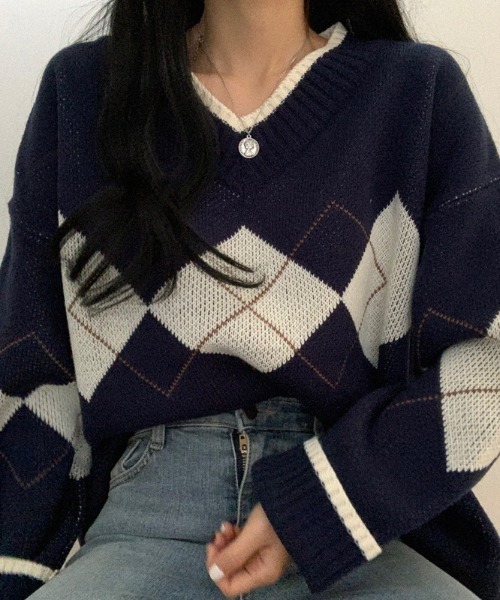 FREE STYLISTS(フリー スタイリスト)の「YUGA_YGMC アーガイル ニットセーター(ニット/セーター・レディース・ホワイト/ブルー/ネイビー/グリーン・FREE)」の13枚目の写真