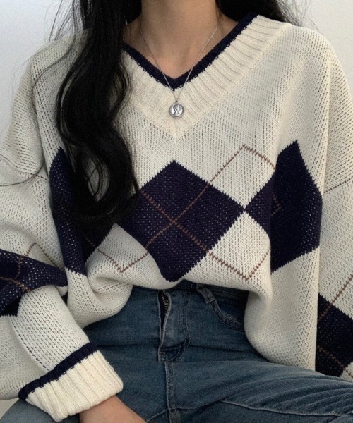 FREE STYLISTS(フリー スタイリスト)の「YUGA_YGMC アーガイル ニットセーター(ニット/セーター・レディース・ホワイト/ブルー/ネイビー/グリーン・FREE)」の6枚目の写真