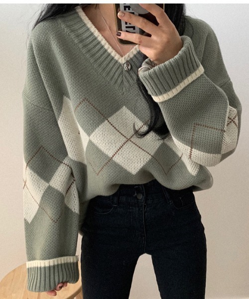 FREE STYLISTS(フリー スタイリスト)の「YUGA_YGMC アーガイル ニットセーター(ニット/セーター・レディース・ホワイト/ブルー/ネイビー/グリーン・FREE)」の10枚目の写真