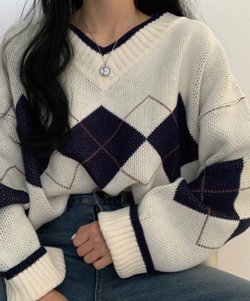 FREE STYLISTS(フリー スタイリスト)の「YUGA_YGMC アーガイル ニットセーター(ニット/セーター・レディース・ホワイト/ブルー/ネイビー/グリーン・FREE)」の21枚目の写真