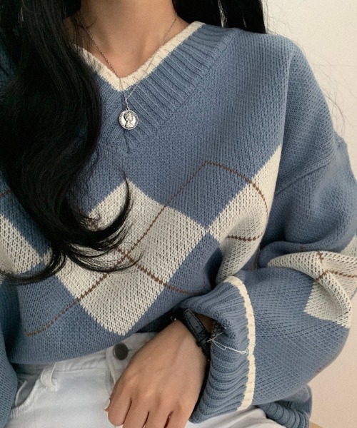 FREE STYLISTS(フリー スタイリスト)の「YUGA_YGMC アーガイル ニットセーター(ニット/セーター・レディース・ホワイト/ブルー/ネイビー/グリーン・FREE)」の14枚目の写真
