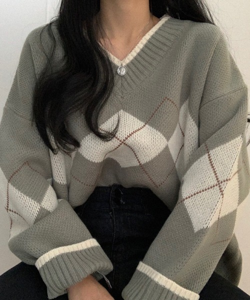 FREE STYLISTS(フリー スタイリスト)の「YUGA_YGMC アーガイル ニットセーター(ニット/セーター・レディース・ホワイト/ブルー/ネイビー/グリーン・FREE)」の9枚目の写真