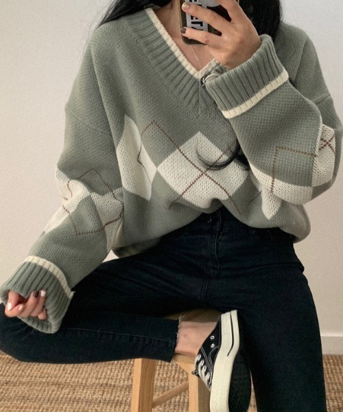 MARK&LONA アーガイルニットセーター（美品） アーガイルニットセーター - グレー/ブルー | ZARA Japan / 日本