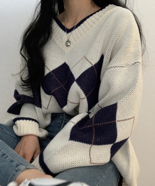 FREE STYLISTS(フリー スタイリスト)の「YUGA_YGMC アーガイル ニットセーター(ニット/セーター・レディース・ホワイト/ブルー/ネイビー/グリーン・FREE)」の19枚目の写真