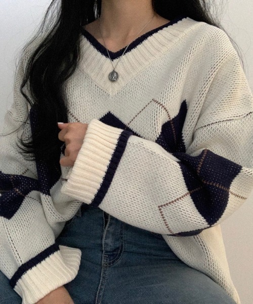 FREE STYLISTS(フリー スタイリスト)の「YUGA_YGMC アーガイル ニットセーター(ニット/セーター・レディース・ホワイト/ブルー/ネイビー/グリーン・FREE)」の7枚目の写真
