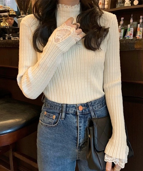 Miniministore(ミニミニストア)の「フリルニットトップス プチハイネック無地(ニット/セーター・レディース・ブラック/アイボリー/ホワイト/ベージュ・フリー)」の11枚目の写真