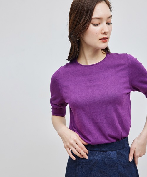 ROPE'（ロペ）の「【洗える/涼感】シルクコットンクルーネック五分袖プルオーバー【アンサンブル対応】（ニット/セーター・レディース・ネイビー/イエロー/パープル/オフホワイト・FREE）」の3枚目の写真