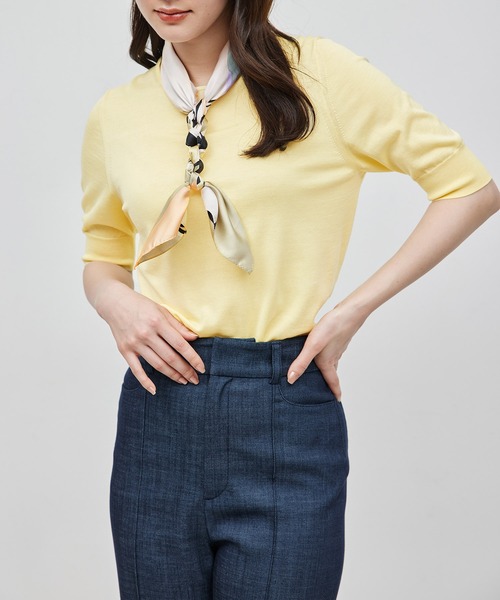 ROPE'（ロペ）の「【洗える/涼感】シルクコットンクルーネック五分袖プルオーバー【アンサンブル対応】（ニット/セーター・レディース・ネイビー/イエロー/パープル/オフホワイト・FREE）」の4枚目の写真