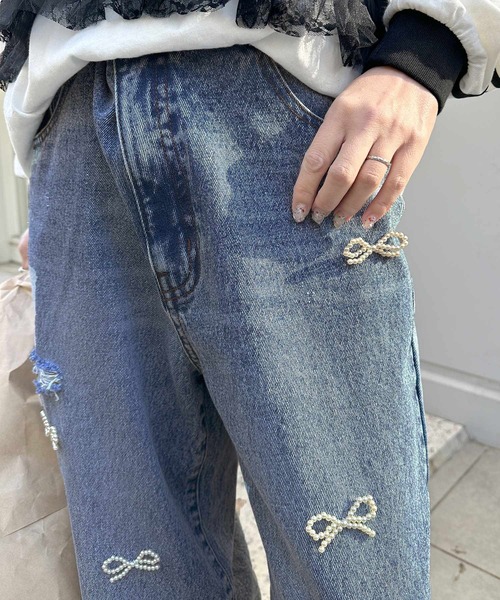Alley by w closet（アリーバイダブルクローゼット）の「【Alley】パールリボン付きデニムパンツ（デニムパンツ・レディース・ブルー・FREE）」の8枚目の写真