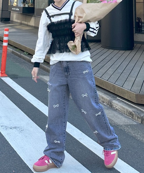 Alley by w closet（アリーバイダブルクローゼット）の「【Alley】パールリボン付きデニムパンツ（デニムパンツ・レディース・ブルー・FREE）」の10枚目の写真