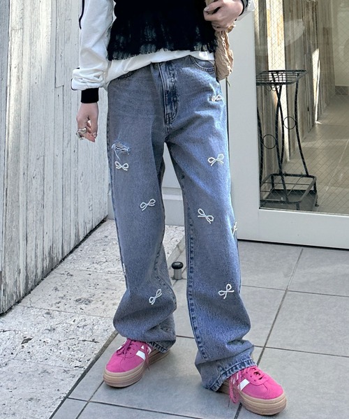 Alley by w closet（アリーバイダブルクローゼット）の「【Alley】パールリボン付きデニムパンツ（デニムパンツ・レディース・ブルー・FREE）」の11枚目の写真