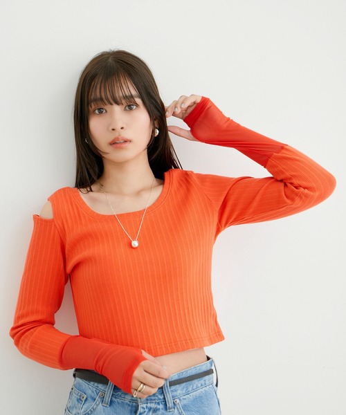 VIS（ビス）の「ショルダーカットアウトショート丈プルオーバー（Tシャツ/カットソー・レディース・チャコールグレー/ホワイト/オレンジ系その他2・FREE）」の3枚目の写真