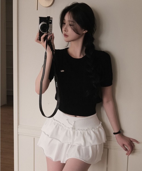 BEIDELLI（ベイデリー）の「[BELLIDE MADE] ホーリンケーブルクロップラウンド半袖ニット（ニット/セーター・レディース・ホワイト/ネイビー/グレー/ブラック/ピンク・FREE）」の3枚目の写真