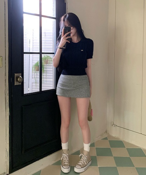 BEIDELLI（ベイデリー）の「[BELLIDE MADE] ホーリンケーブルクロップラウンド半袖ニット（ニット/セーター・レディース・ホワイト/ネイビー/グレー/ブラック/ピンク・FREE）」の7枚目の写真