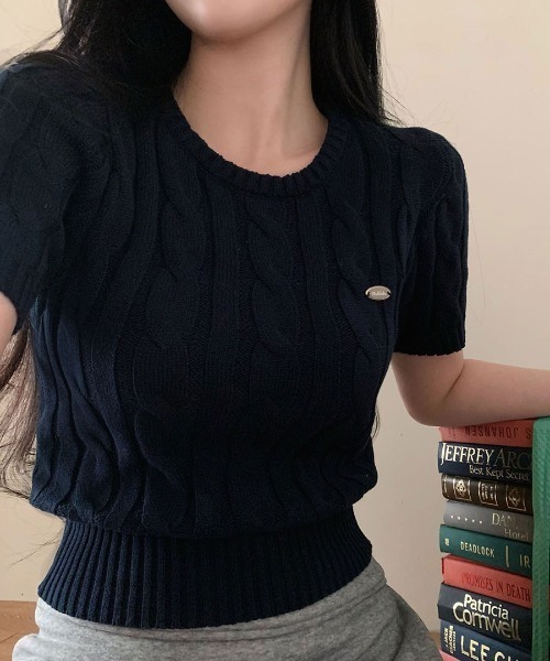 BEIDELLI（ベイデリー）の「[BELLIDE MADE] ホーリンケーブルクロップラウンド半袖ニット（ニット/セーター・レディース・ホワイト/ネイビー/グレー/ブラック/ピンク・FREE）」の9枚目の写真