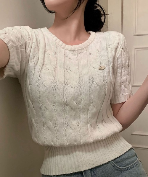BEIDELLI（ベイデリー）の「[BELLIDE MADE] ホーリンケーブルクロップラウンド半袖ニット（ニット/セーター・レディース・ホワイト/ネイビー/グレー/ブラック/ピンク・FREE）」の14枚目の写真