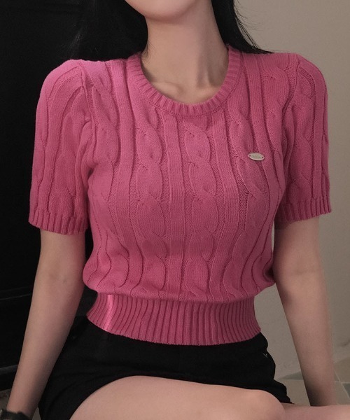 BEIDELLI（ベイデリー）の「[BELLIDE MADE] ホーリンケーブルクロップラウンド半袖ニット（ニット/セーター・レディース・ホワイト/ネイビー/グレー/ブラック/ピンク・FREE）」の11枚目の写真