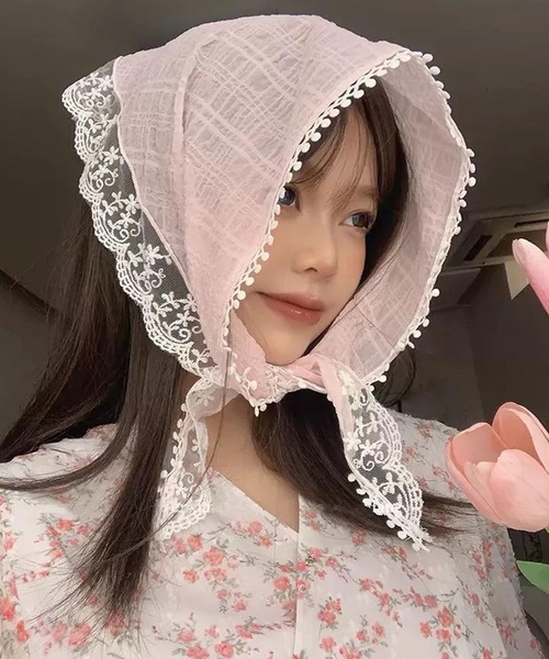 shopnikoniko(ショップニコニコ)の「バブーシュカ レース ドッキング リボン 浴衣 バブーシュカ(その他ヘアアクセサリー・レディース・ピンク/ホワイト・フリー)」の2枚目の写真