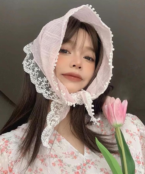 shopnikoniko(ショップニコニコ)の「バブーシュカ レース ドッキング リボン 浴衣 バブーシュカ(その他ヘアアクセサリー・レディース・ピンク/ホワイト・フリー)」の3枚目の写真