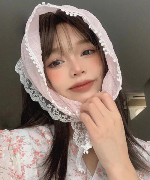 shopnikoniko(ショップニコニコ)の「バブーシュカ レース ドッキング リボン 浴衣 バブーシュカ(その他ヘアアクセサリー・レディース・ピンク/ホワイト・フリー)」の4枚目の写真
