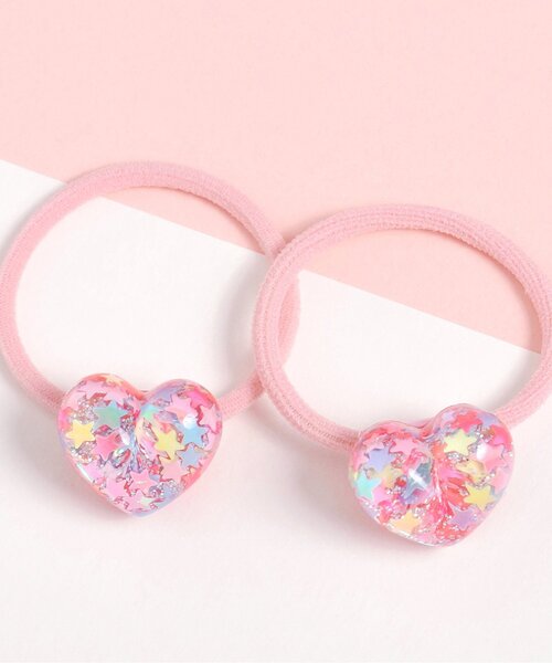 apres les cours(アプレレクール)の「カラフルラメハートミニヘアゴム2個セット(ヘアゴム・キッズ・レインボー・FREE)」の1枚目の写真