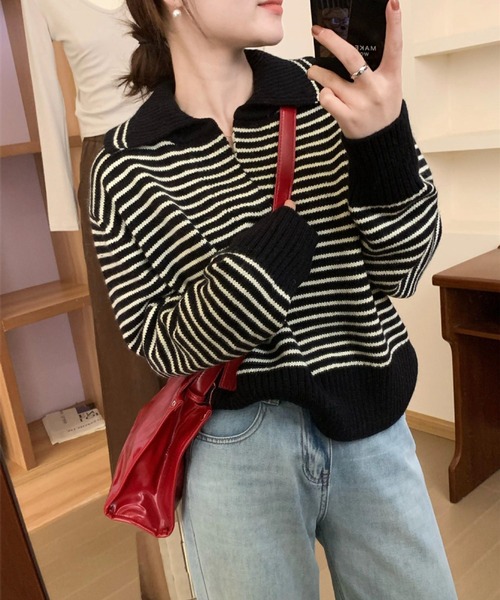 HALEY PESCA(ヘーリーペスカ)の「HALEY PESCA/ボーダーニットプルオーバー(ニット/セーター・レディース・レッド/ブラック・FREE)」の1枚目の写真