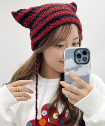 Lace Ladies（レースレディース）の「ポンポン付き 配色 ボーダー 猫型 ニット キャップ（ニットキャップ/ビーニー）」