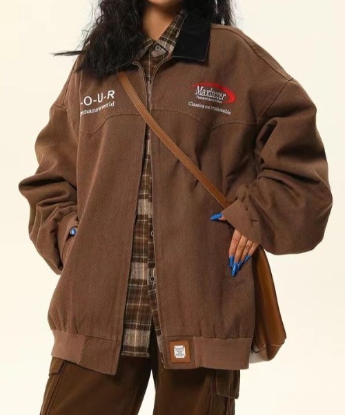 【セール】メンズジップジャケット 英字刺し レトロヴィンテージ風長袖秋冬コート（ブルゾン）｜FreeZone（フリーゾーン）