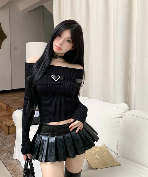 shopnikoniko(ショップニコニコ)の「ベルト付き オフショルダー リブニットトップス(ニット/セーター・レディース・ブラック/ブラウン/アイボリー・フリー)」の13枚目の写真