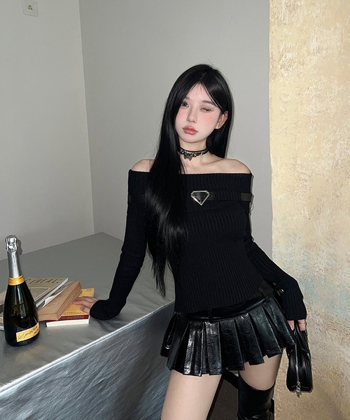 shopnikoniko(ショップニコニコ)の「ベルト付き オフショルダー リブニットトップス(ニット/セーター・レディース・ブラック/ブラウン/アイボリー・フリー)」の15枚目の写真