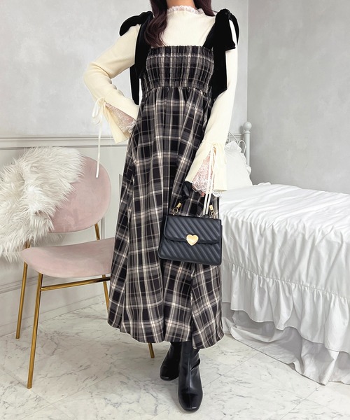 apres jour（アプレジュール）の「肩リボンチェックワンピース