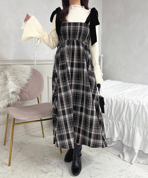 amerge. リボンショルダーチェックサーキュラーワンピース amerge. リボンショルダーチェックサーキュラーワンピース amerge