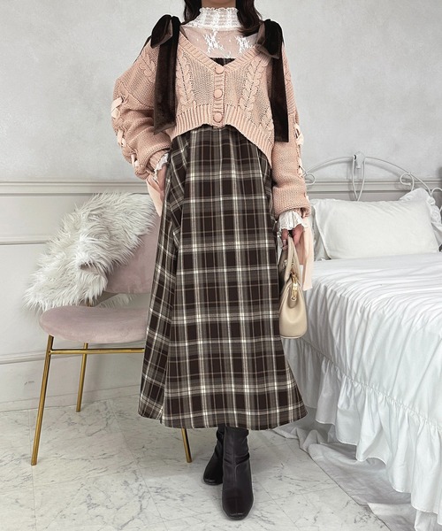 apres jour（アプレジュール）の「肩リボンチェックワンピース