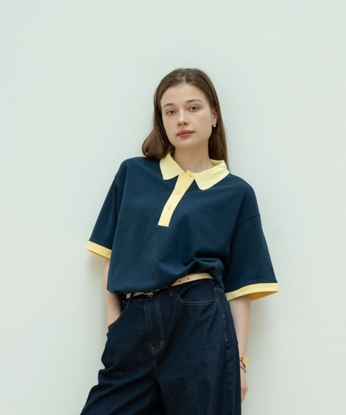 skoool(スクール)の「バイカラーカノコポロシャツ/リンガーデザイン × 配色アクセント(Tシャツ/カットソー・メンズ・ネイビー/アイボリー・LARGE/MEDIUM/SMALL)」の1枚目の写真