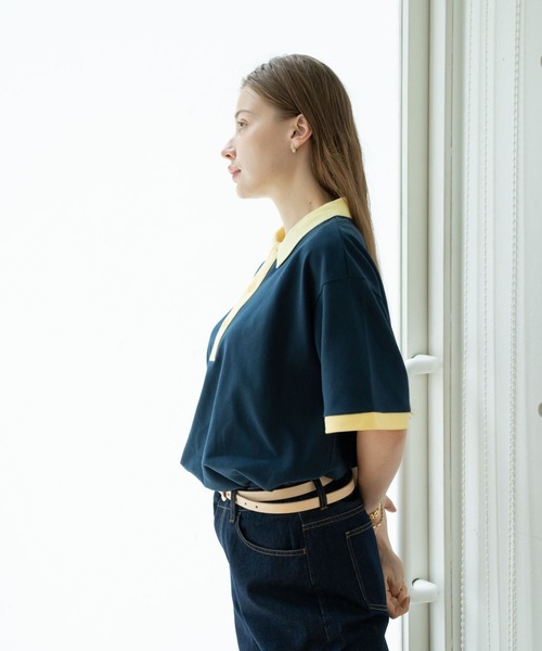 skoool(スクール)の「バイカラーカノコポロシャツ/リンガーデザイン × 配色アクセント(Tシャツ/カットソー・メンズ・ネイビー/アイボリー・LARGE/MEDIUM/SMALL)」の3枚目の写真
