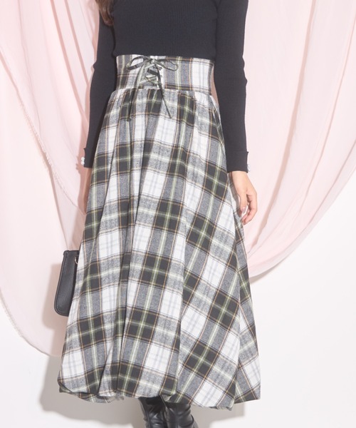 【ZOZO限定】チェック柄フロントレースアップバルーンスカート（スカート）｜tocco closet（トッコ クローゼット）