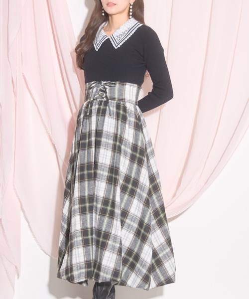 【ZOZO限定】チェック柄フロントレースアップバルーンスカート（スカート）｜tocco closet（トッコ クローゼット）