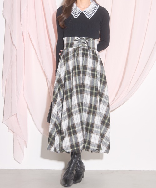 【ZOZO限定】チェック柄フロントレースアップバルーンスカート（スカート）｜tocco closet（トッコ クローゼット）