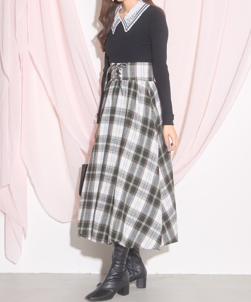 【ZOZO限定】チェック柄フロントレースアップバルーンスカート（スカート）｜tocco closet（トッコ クローゼット）